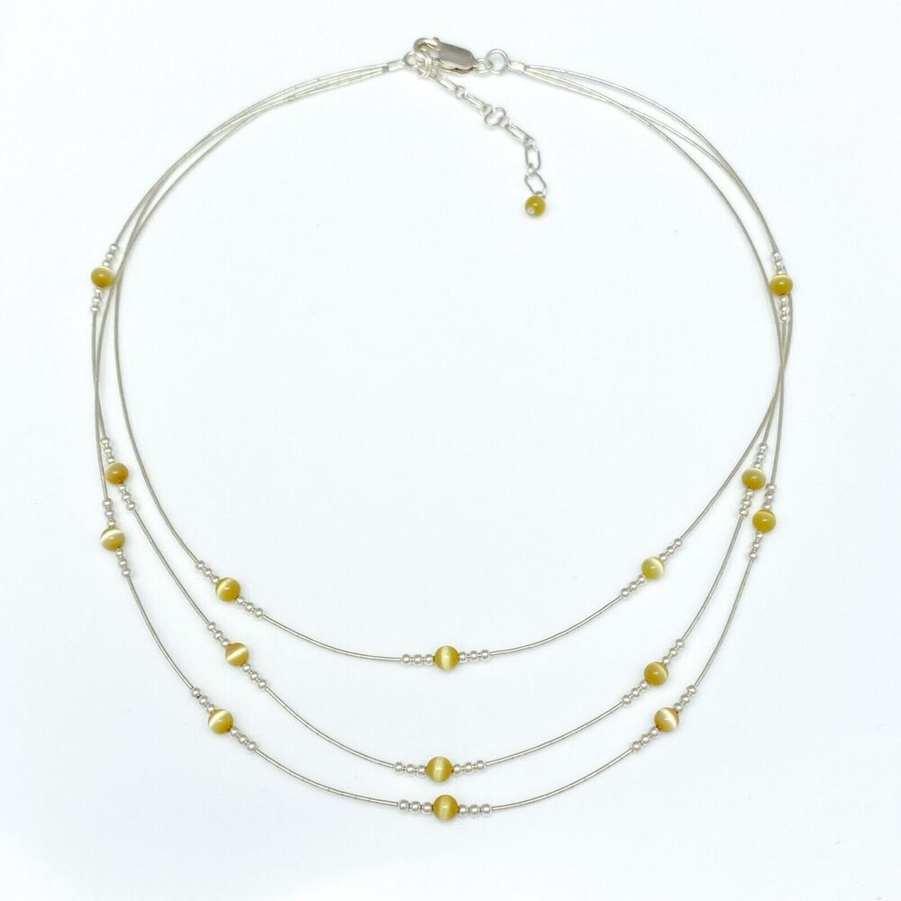 3-Strand Yellow Cat’s Eye Bead Necklace | Vintage Sterling Silver 925 | 17.5”